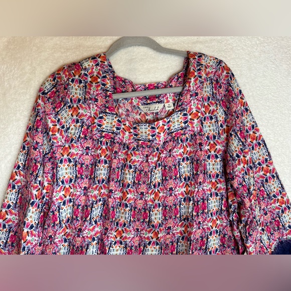 NWT Caffe marrakech long sleeved peasant boho blouse pink abstract floral 1X - Picture 7 of 7
